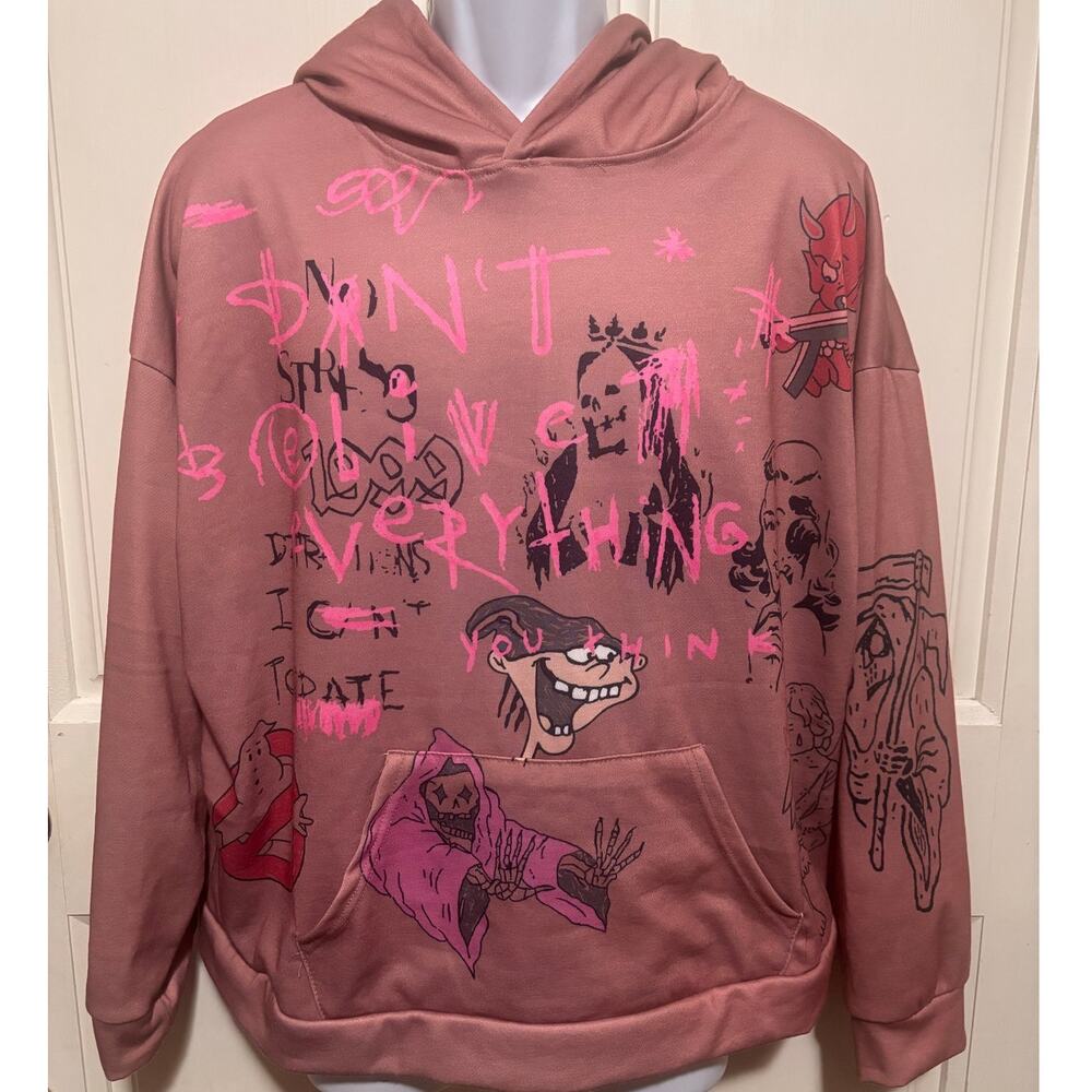 Graffiti Print Pullover Unisex Long Sleeved Hoodie with Kangaroo Pocket! Sz 2XL